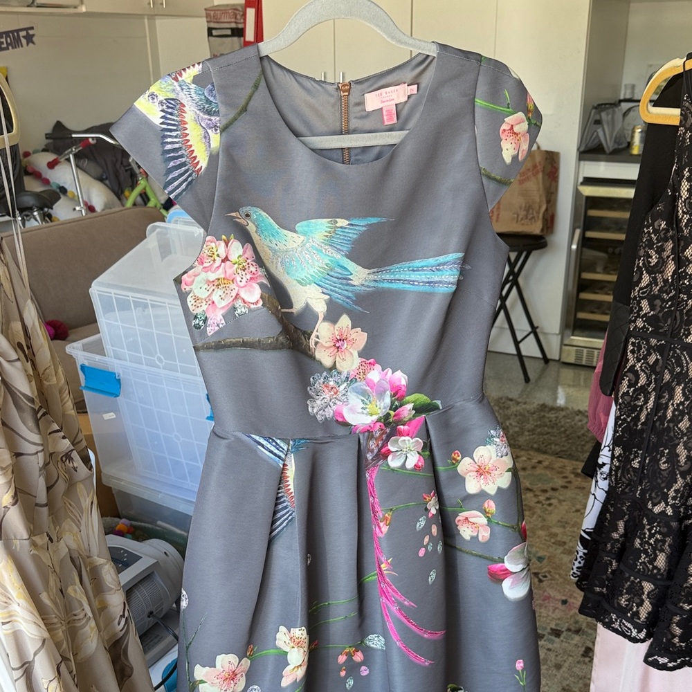 Ted Baker Gray Dress with Floral and Bird Print